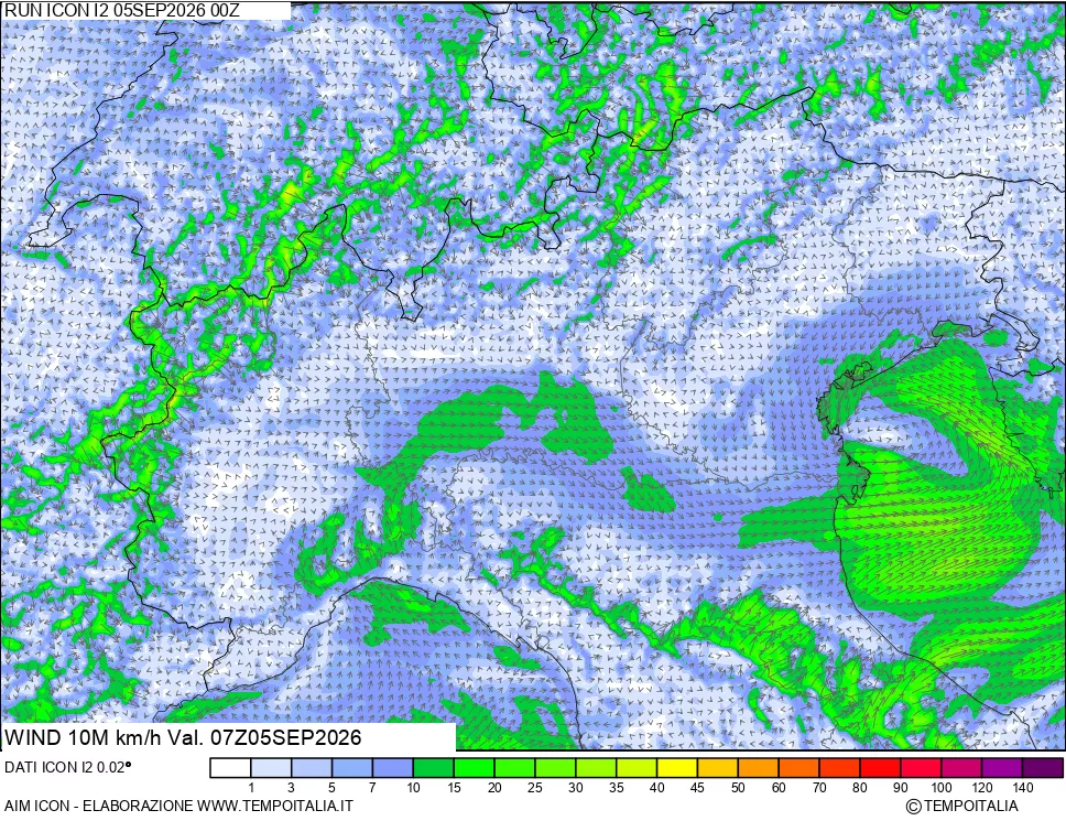 mappa 10 m Vento forza e direzione