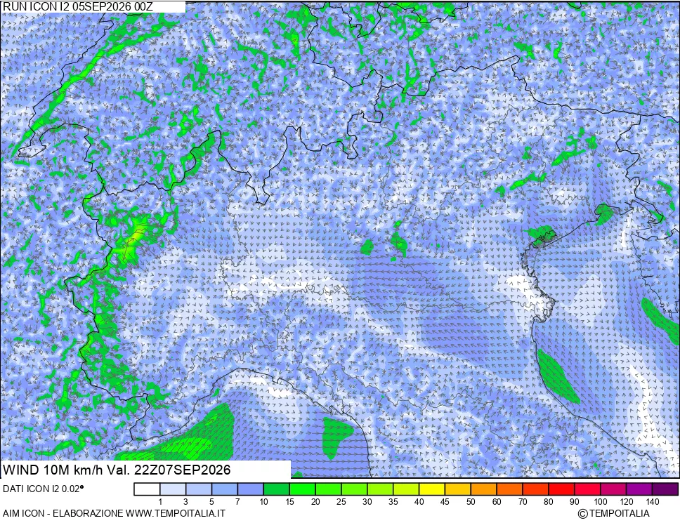 mappa 10 m Vento forza e direzione