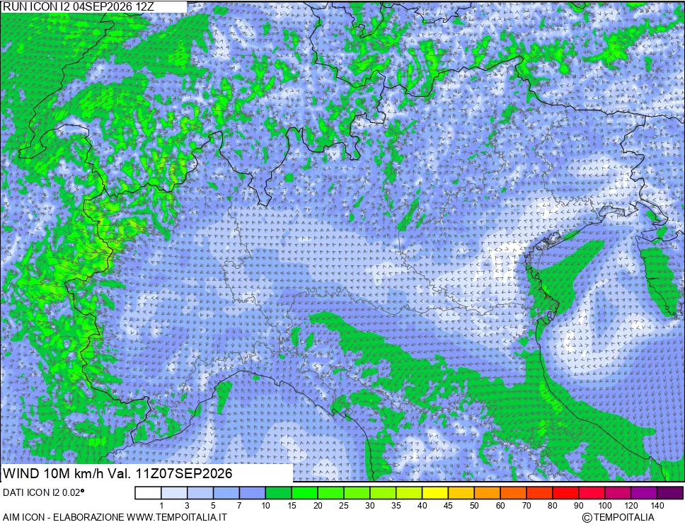 mappa 10 m Vento forza e direzione