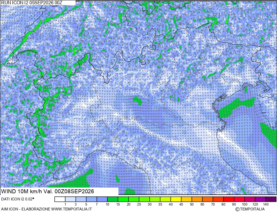 mappa 10 m Vento forza e direzione