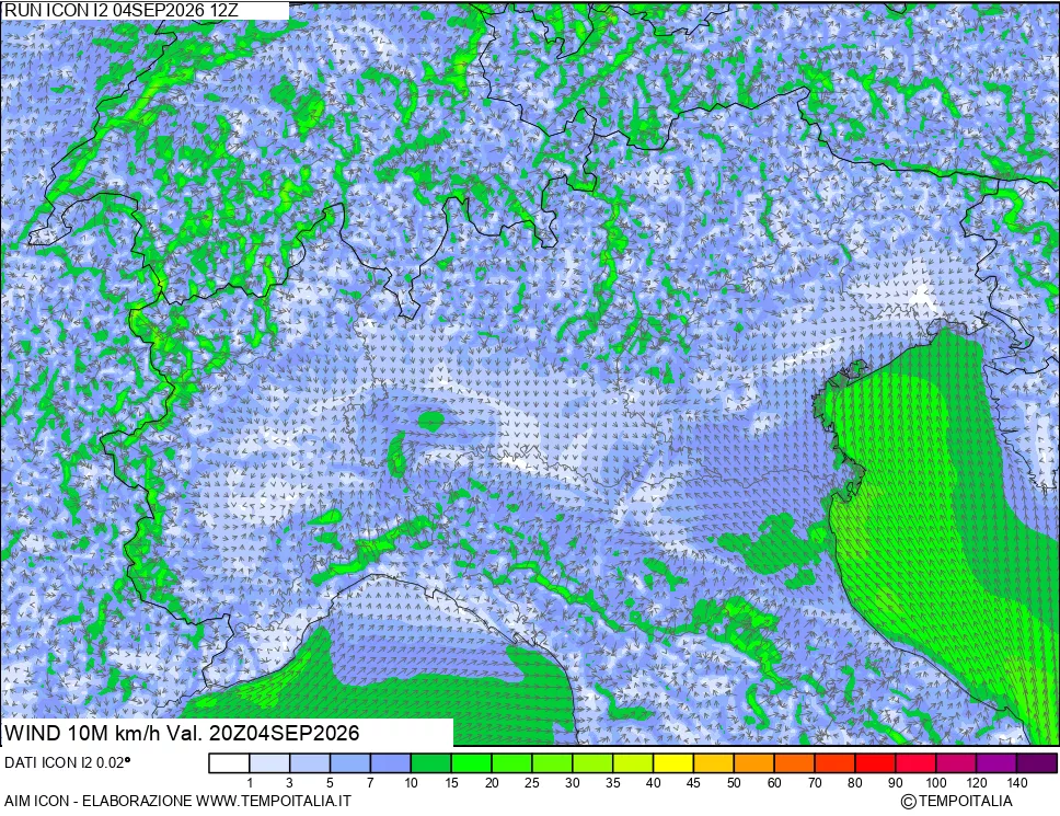 mappa 10 m Vento forza e direzione