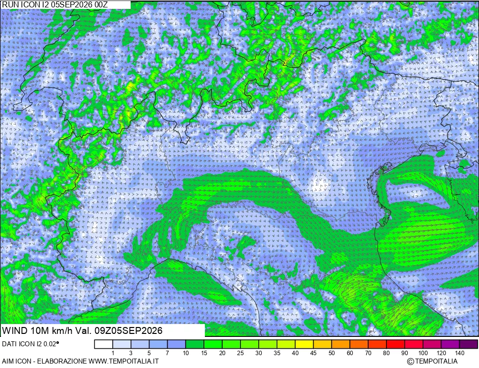mappa 10 m Vento forza e direzione