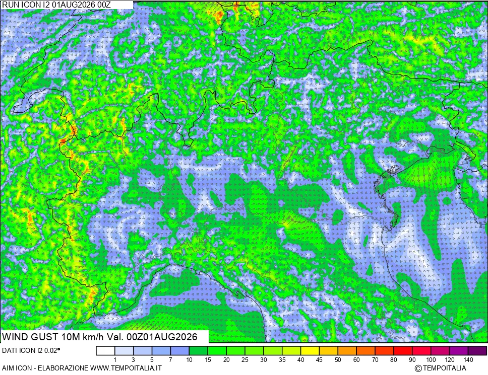 mappa 10 m Vento raffica massima
