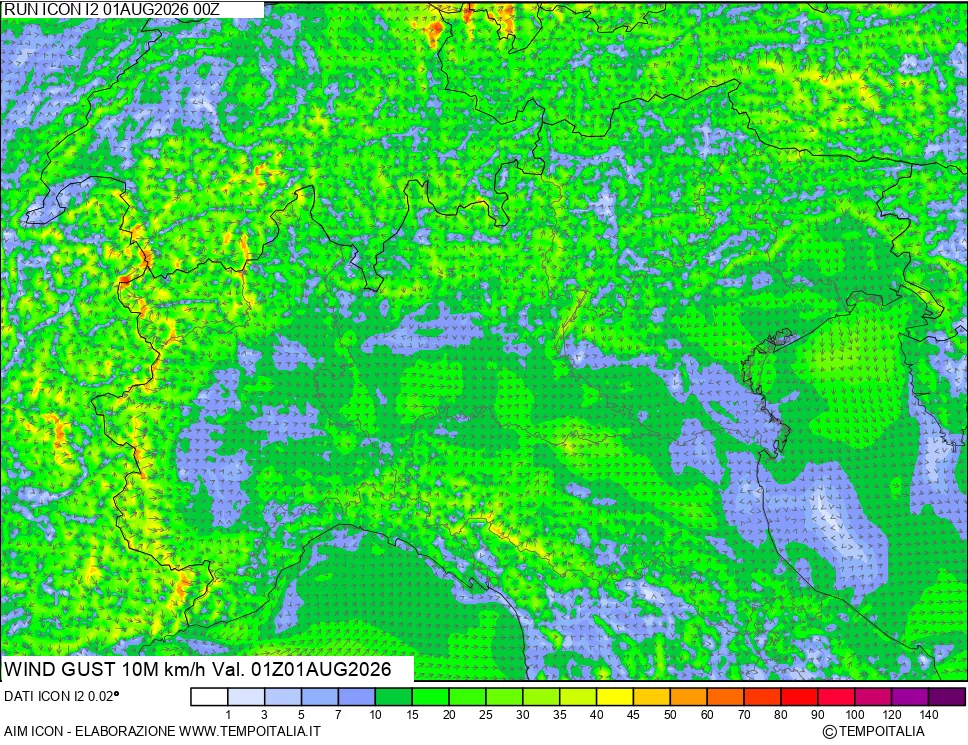 mappa 10 m Vento raffica massima