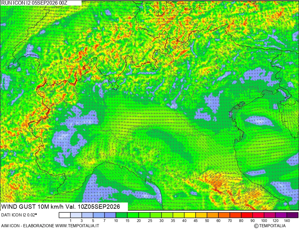 mappa 10 m Vento raffica massima