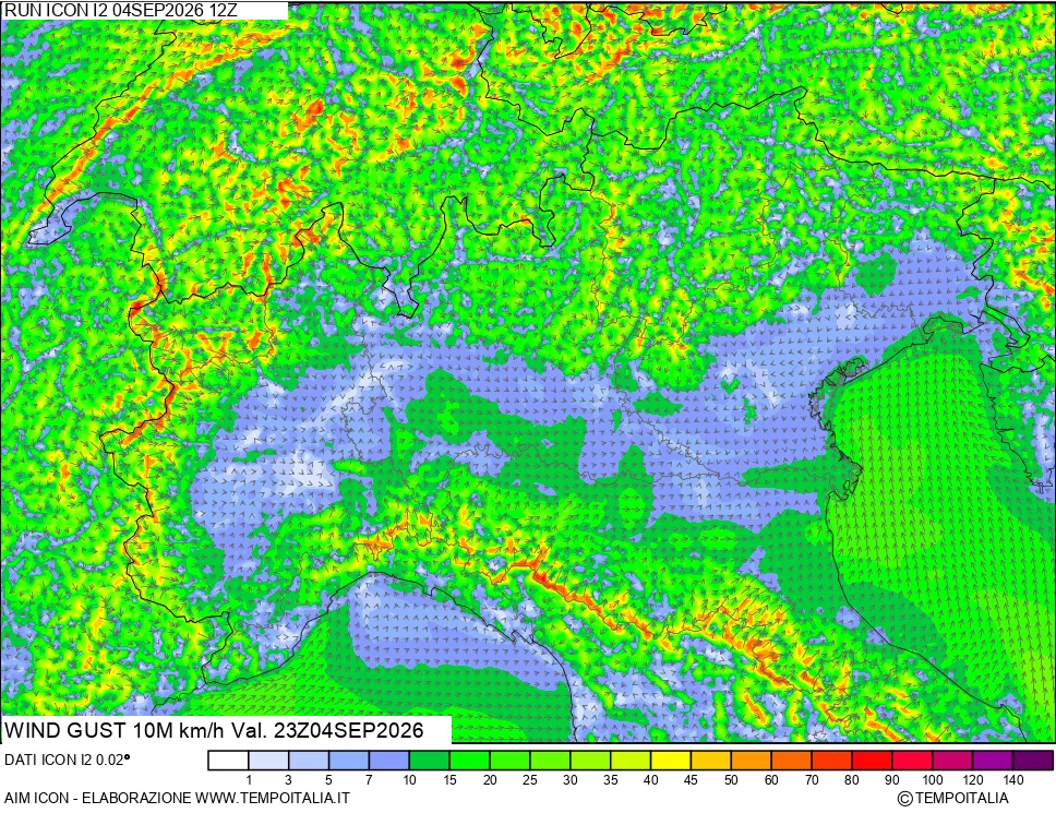 mappa 10 m Vento raffica massima