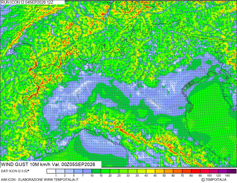 mappa 10 m Vento raffica massima