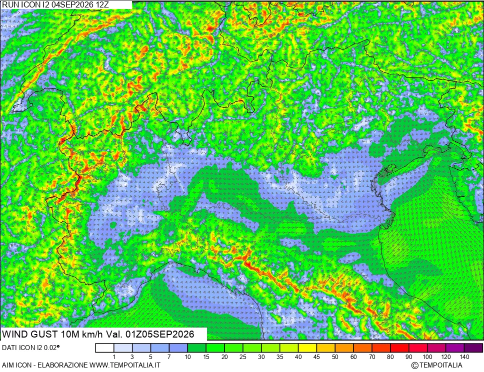 mappa 10 m Vento raffica massima