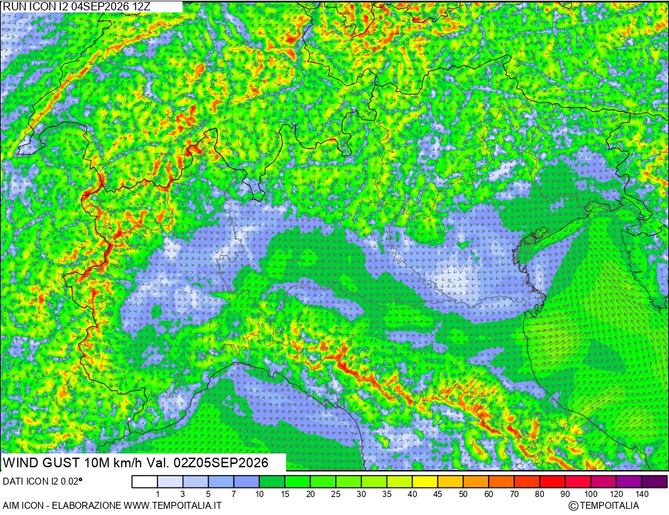 mappa 10 m Vento raffica massima