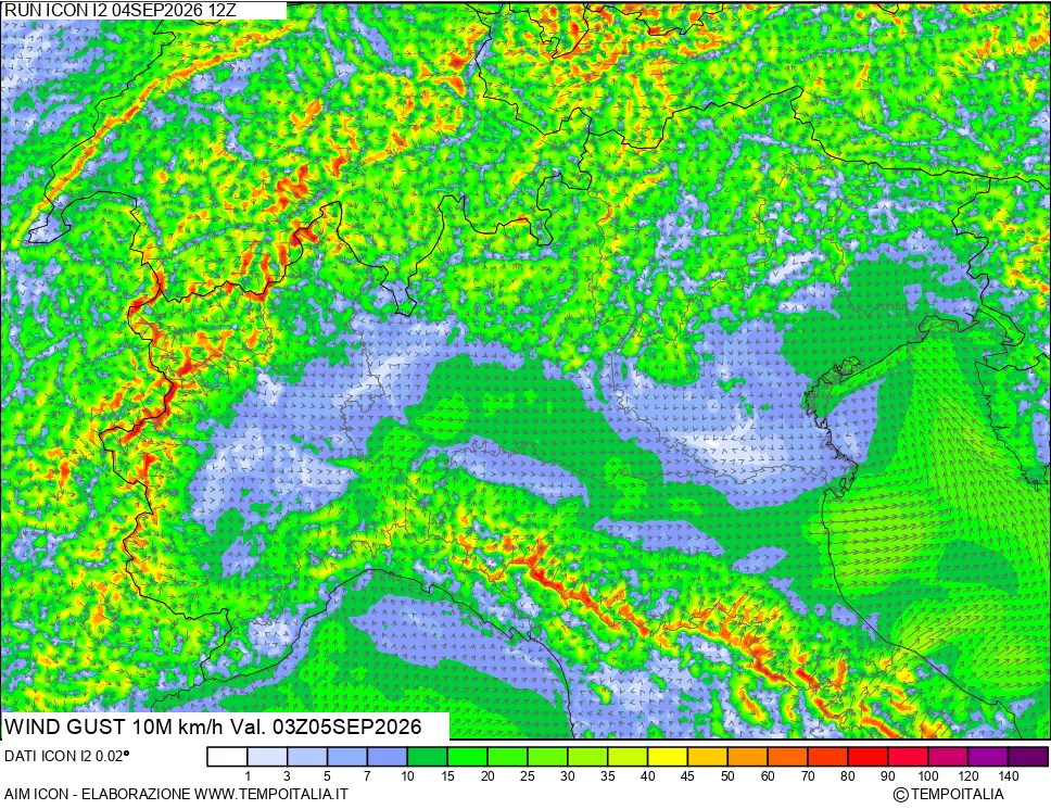 mappa 10 m Vento raffica massima