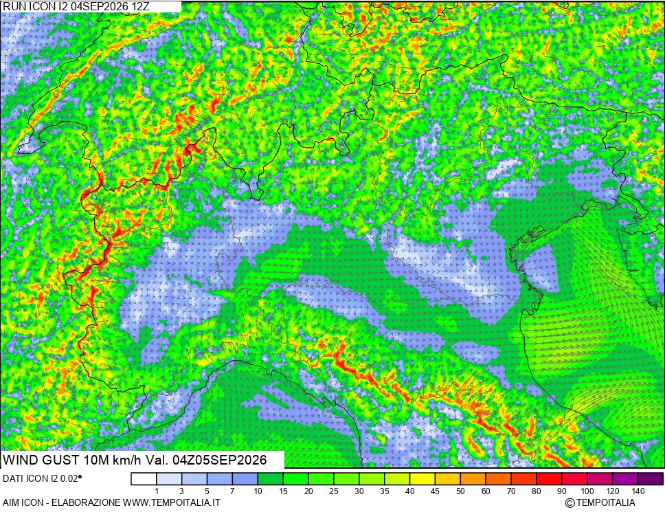 mappa 10 m Vento raffica massima