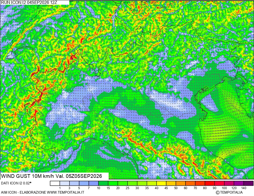 mappa 10 m Vento raffica massima