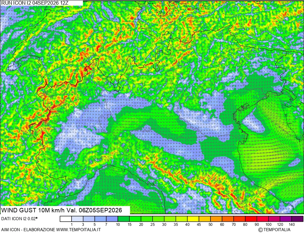 mappa 10 m Vento raffica massima