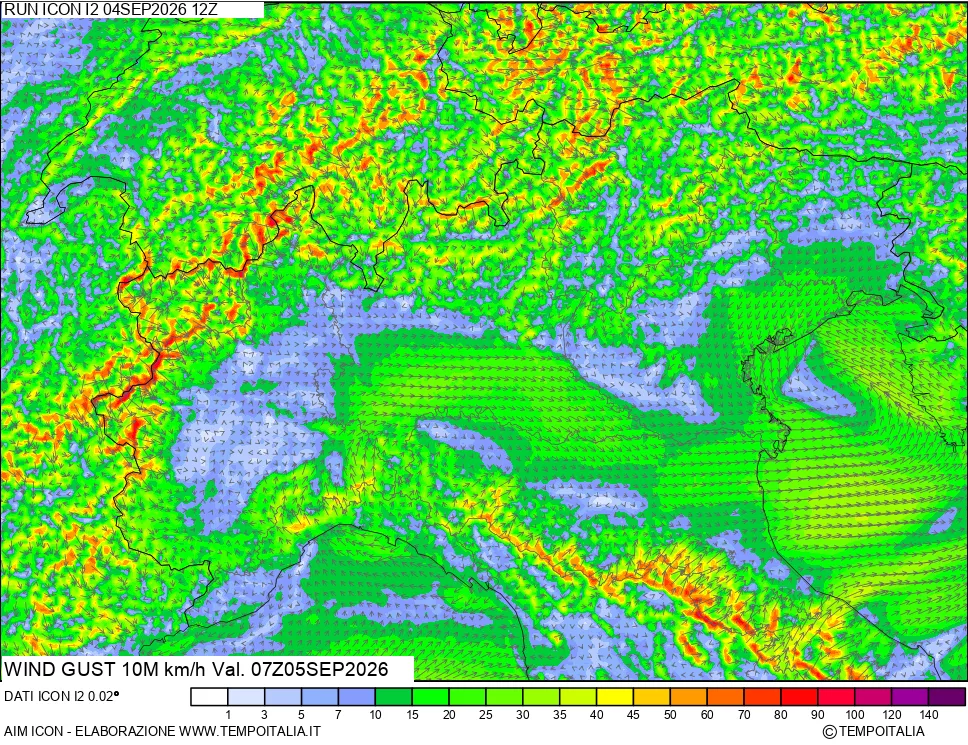 mappa 10 m Vento raffica massima