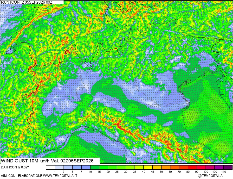 mappa 10 m Vento raffica massima
