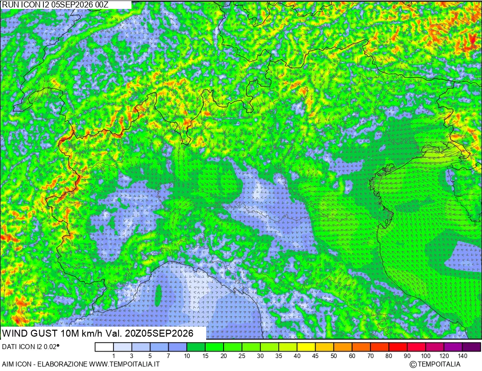 mappa 10 m Vento raffica massima