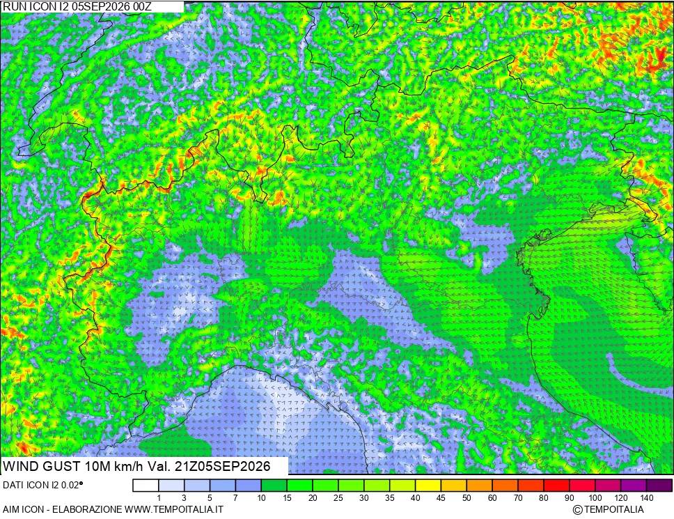 mappa 10 m Vento raffica massima