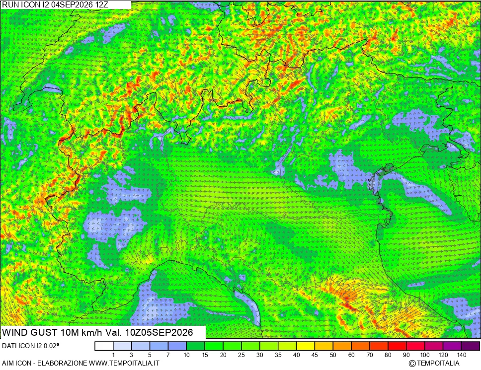 mappa 10 m Vento raffica massima