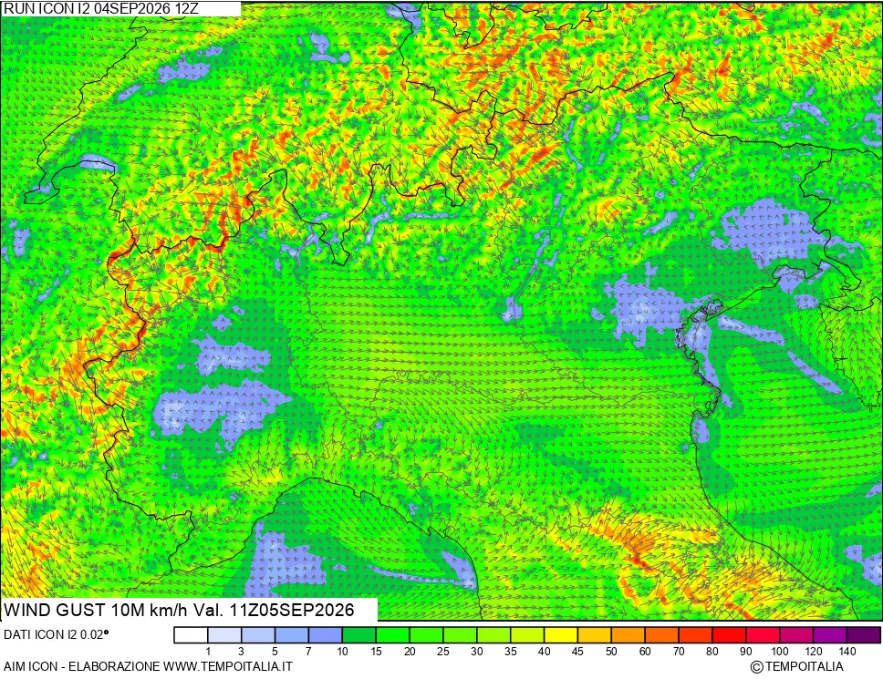 mappa 10 m Vento raffica massima