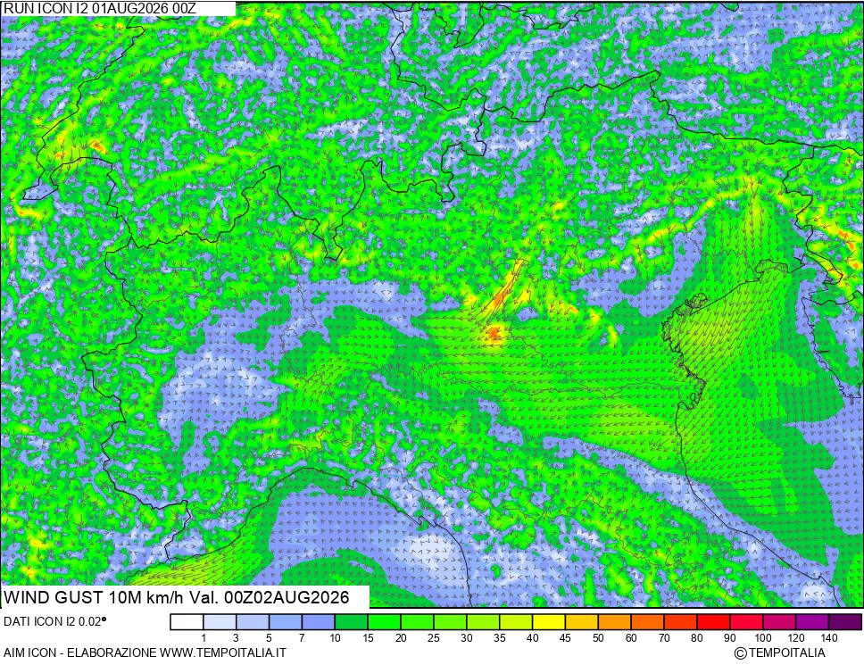 mappa 10 m Vento raffica massima