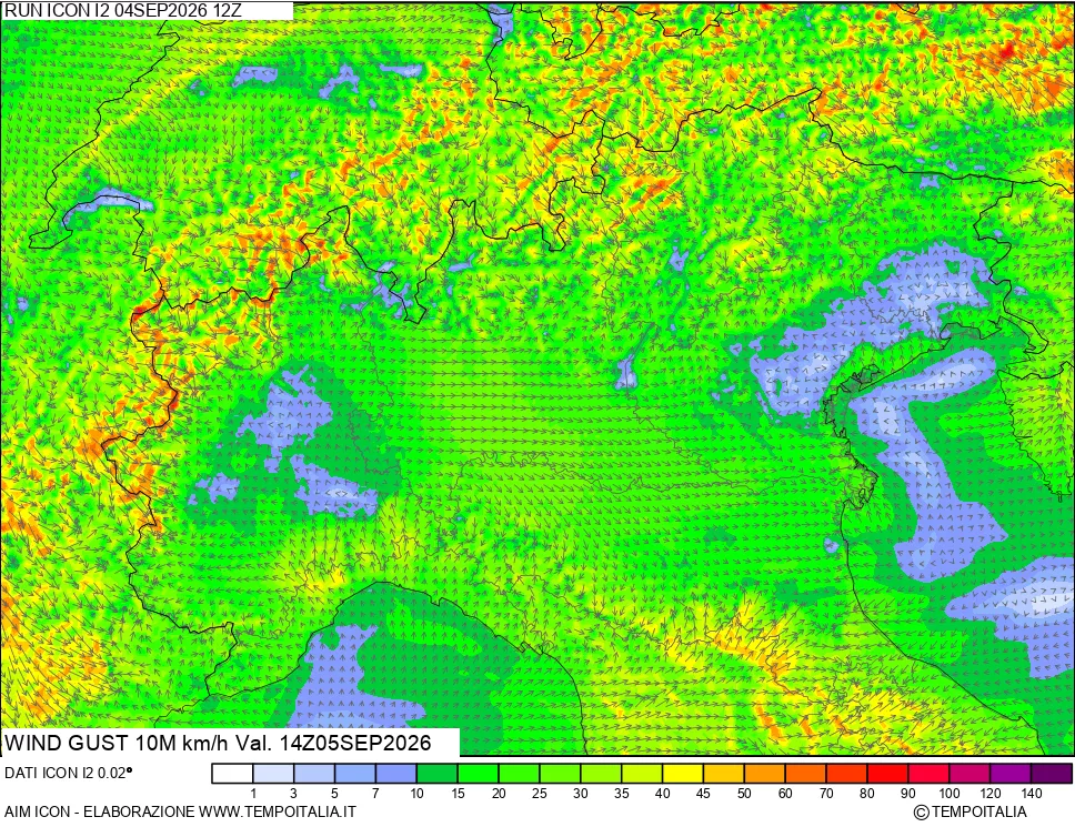 mappa 10 m Vento raffica massima
