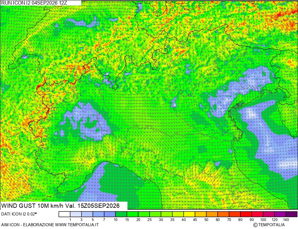 mappa 10 m Vento raffica massima