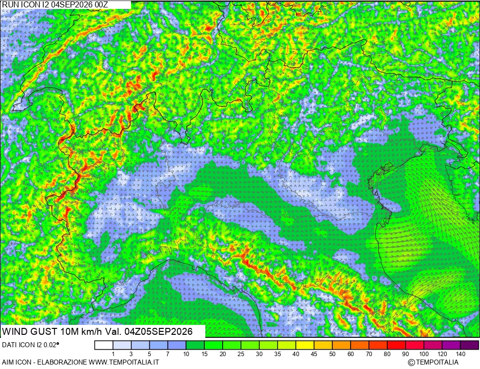 mappa 10 m Vento raffica massima