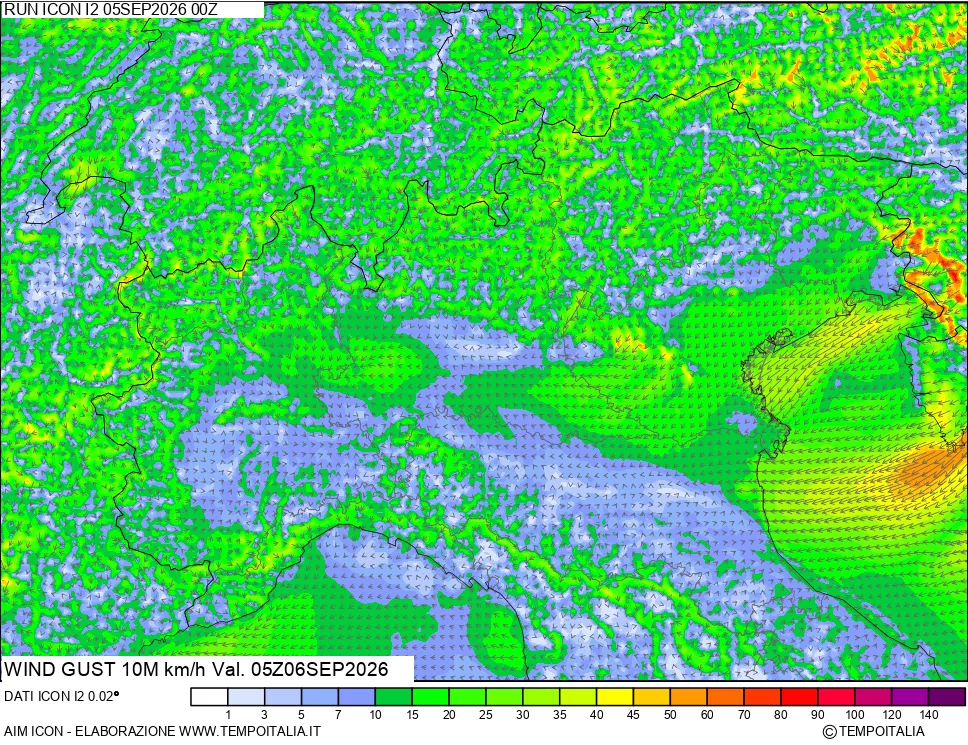 mappa 10 m Vento raffica massima