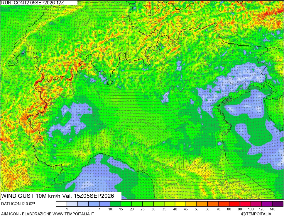mappa 10 m Vento raffica massima
