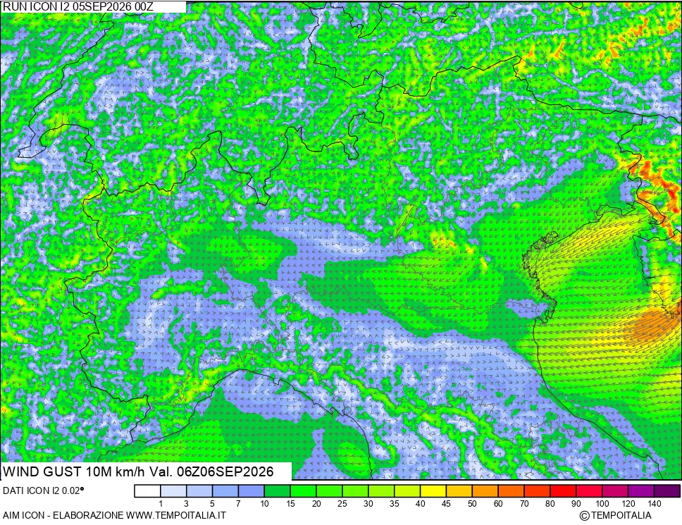 mappa 10 m Vento raffica massima