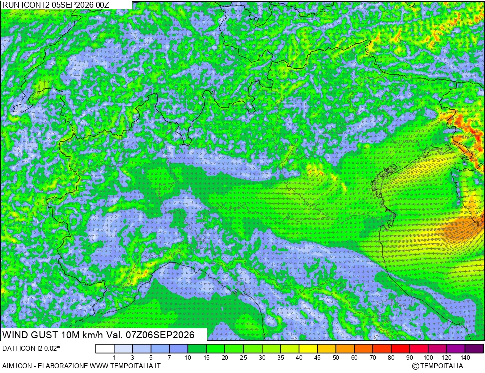 mappa 10 m Vento raffica massima