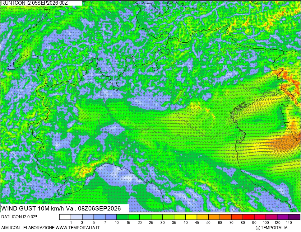 mappa 10 m Vento raffica massima