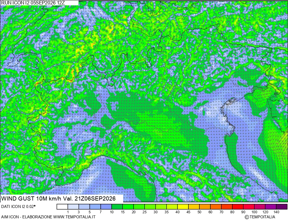 mappa 10 m Vento raffica massima