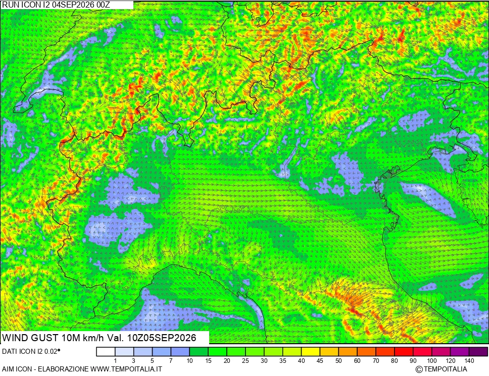 mappa 10 m Vento raffica massima