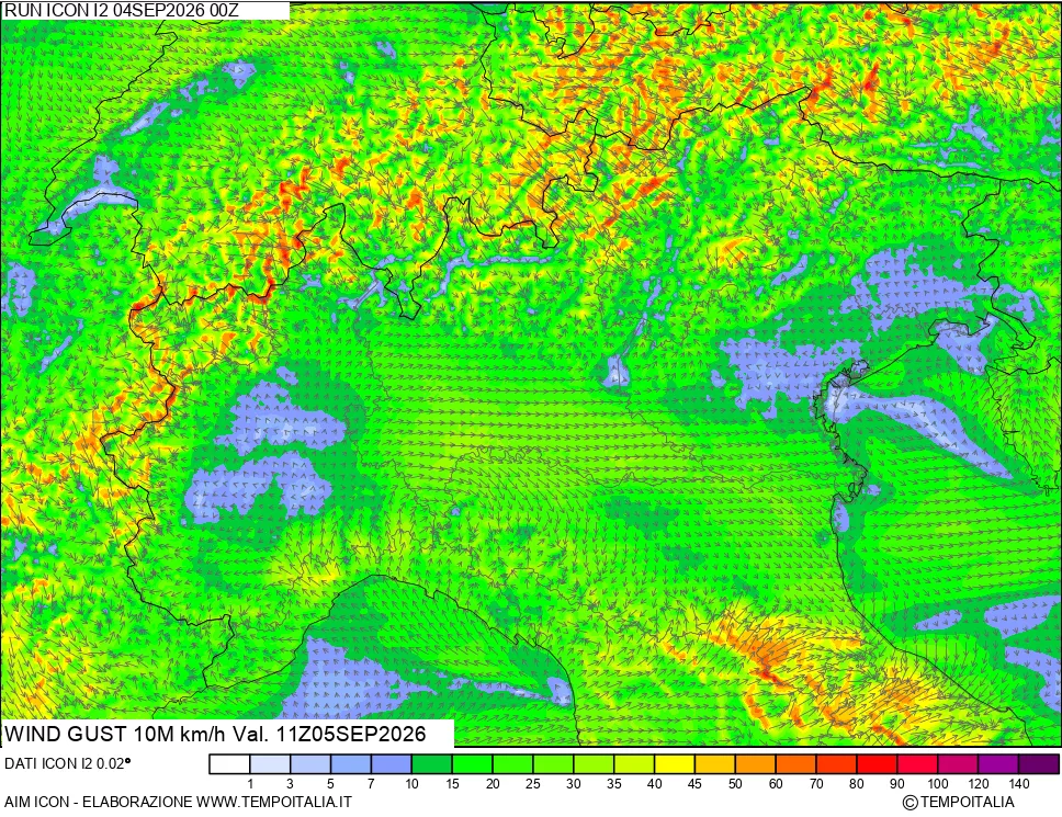 mappa 10 m Vento raffica massima