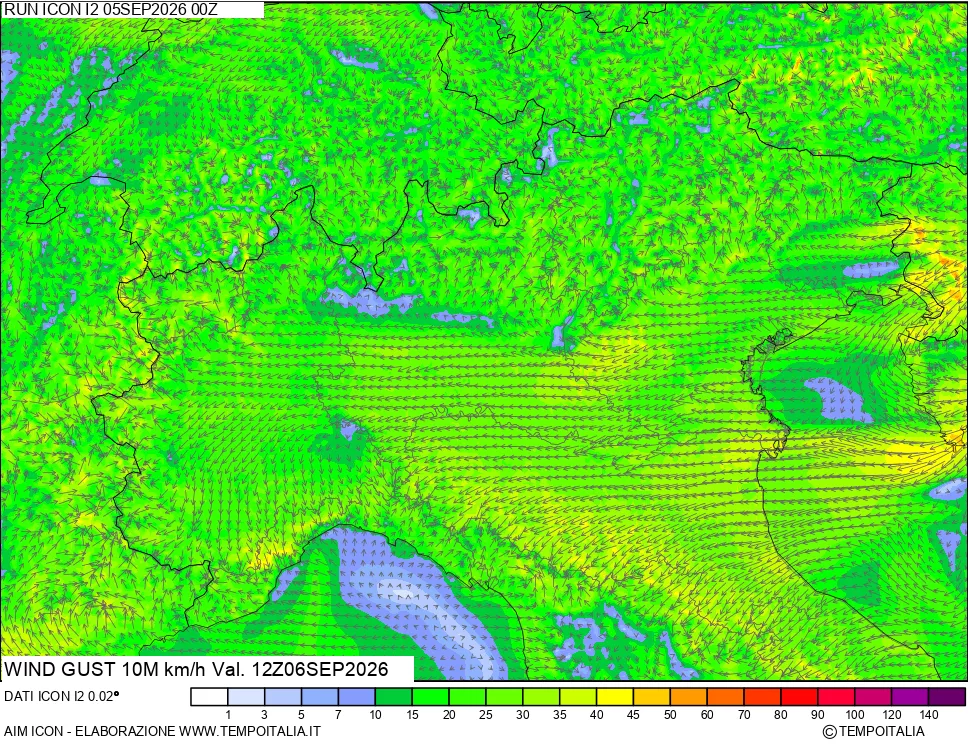 mappa 10 m Vento raffica massima