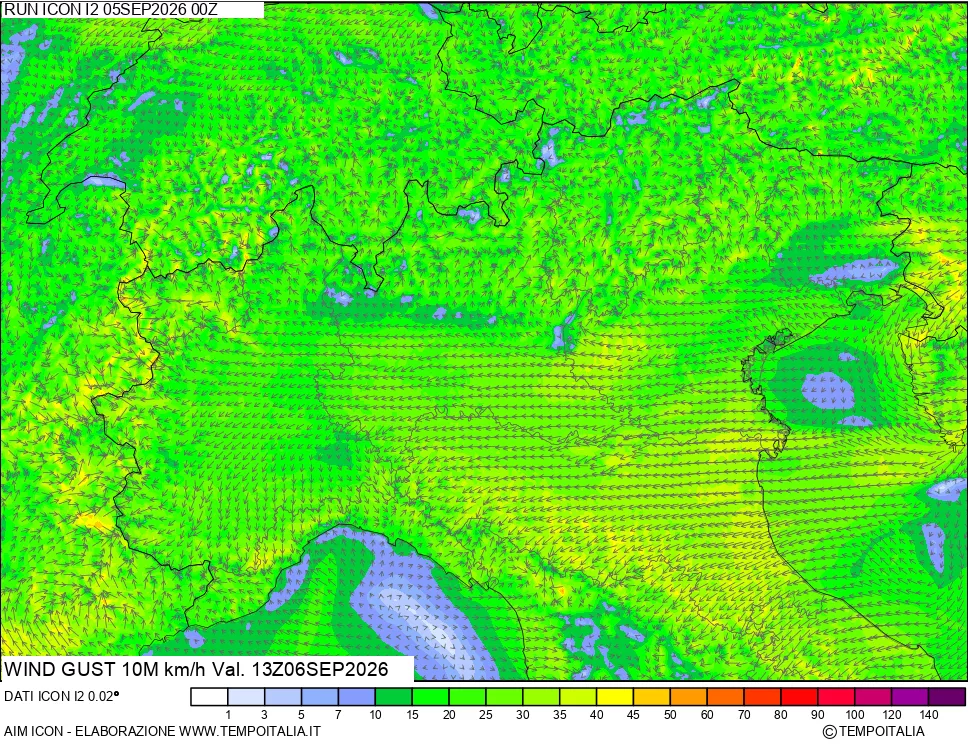 mappa 10 m Vento raffica massima