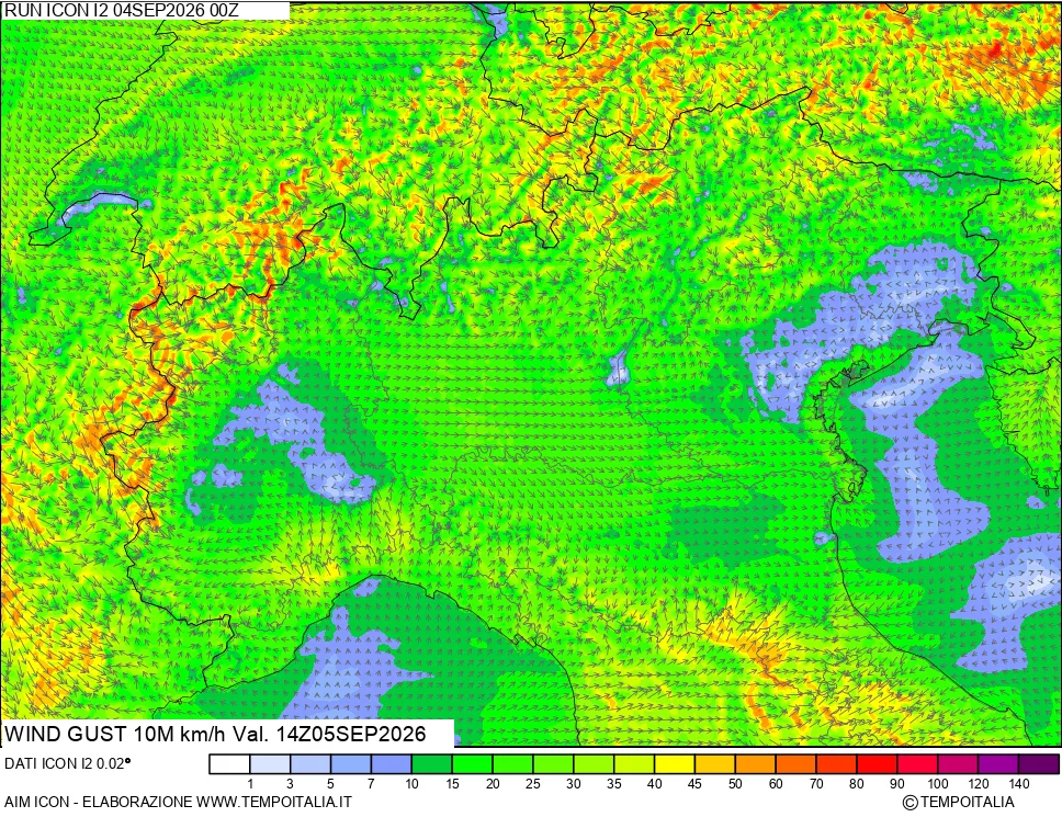 mappa 10 m Vento raffica massima