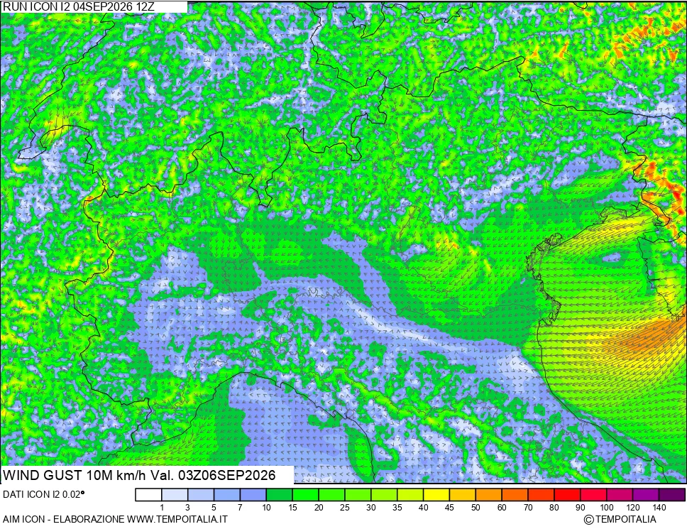 mappa 10 m Vento raffica massima