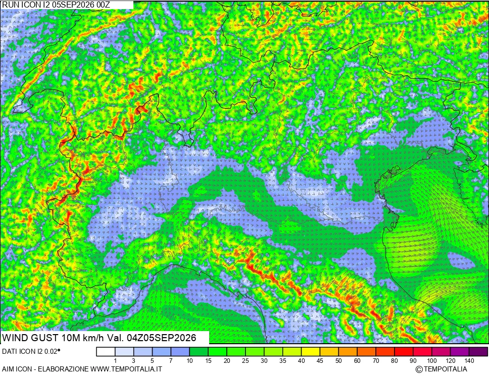 mappa 10 m Vento raffica massima