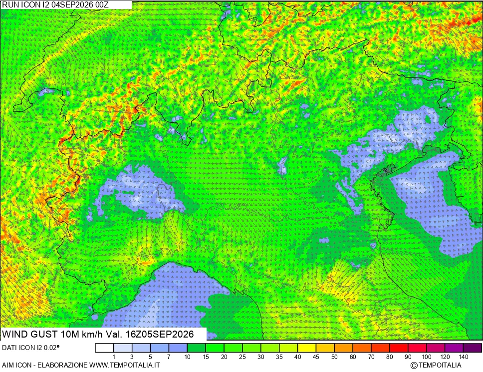 mappa 10 m Vento raffica massima
