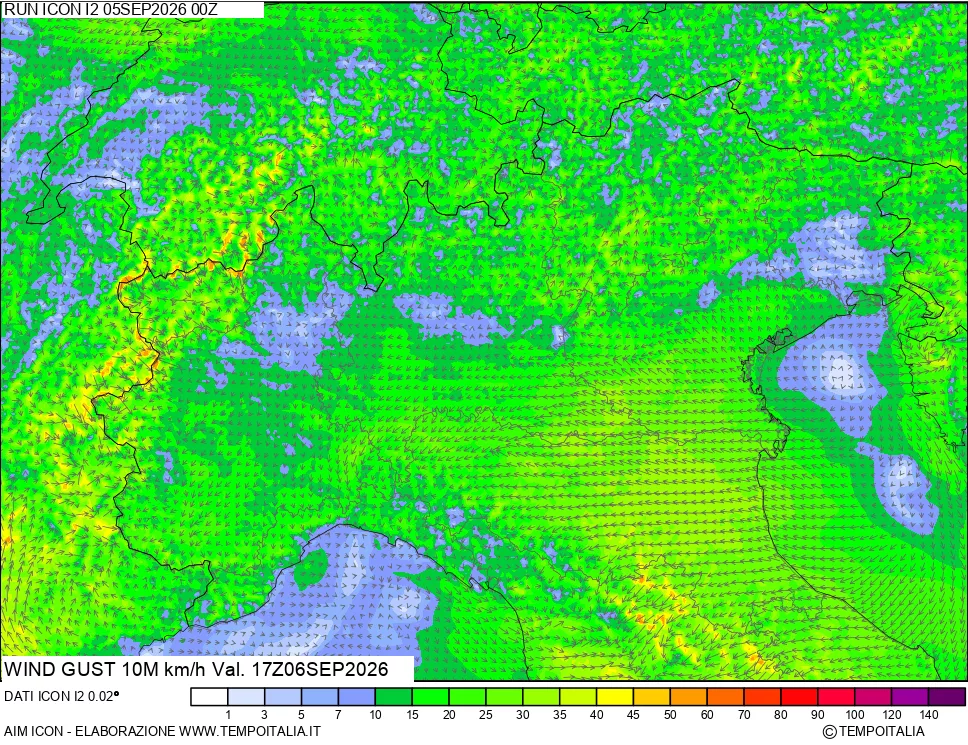 mappa 10 m Vento raffica massima