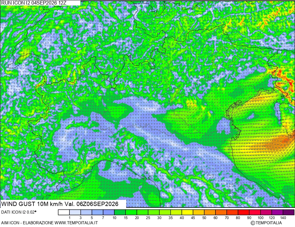 mappa 10 m Vento raffica massima