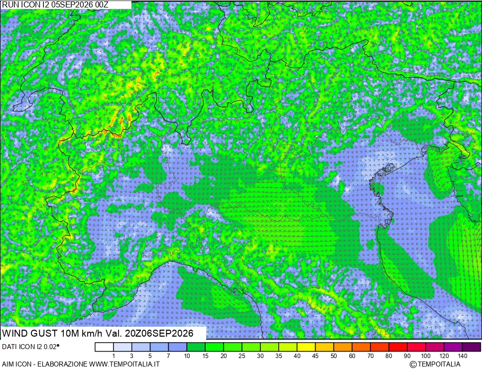 mappa 10 m Vento raffica massima