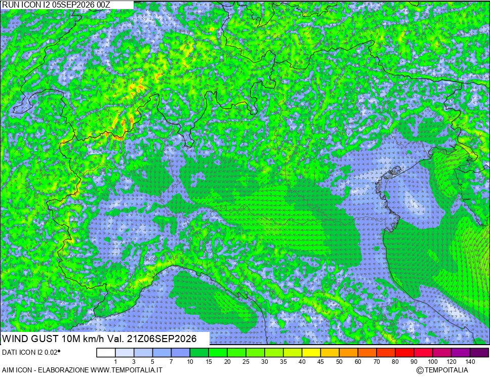 mappa 10 m Vento raffica massima