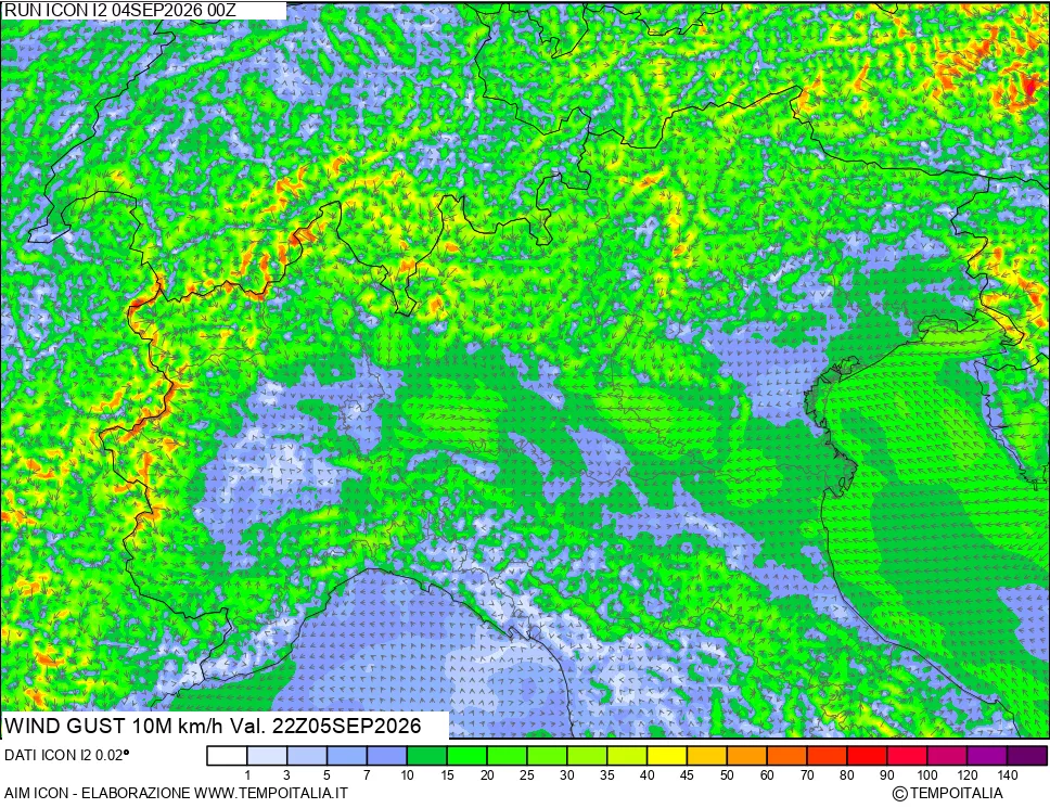 mappa 10 m Vento raffica massima