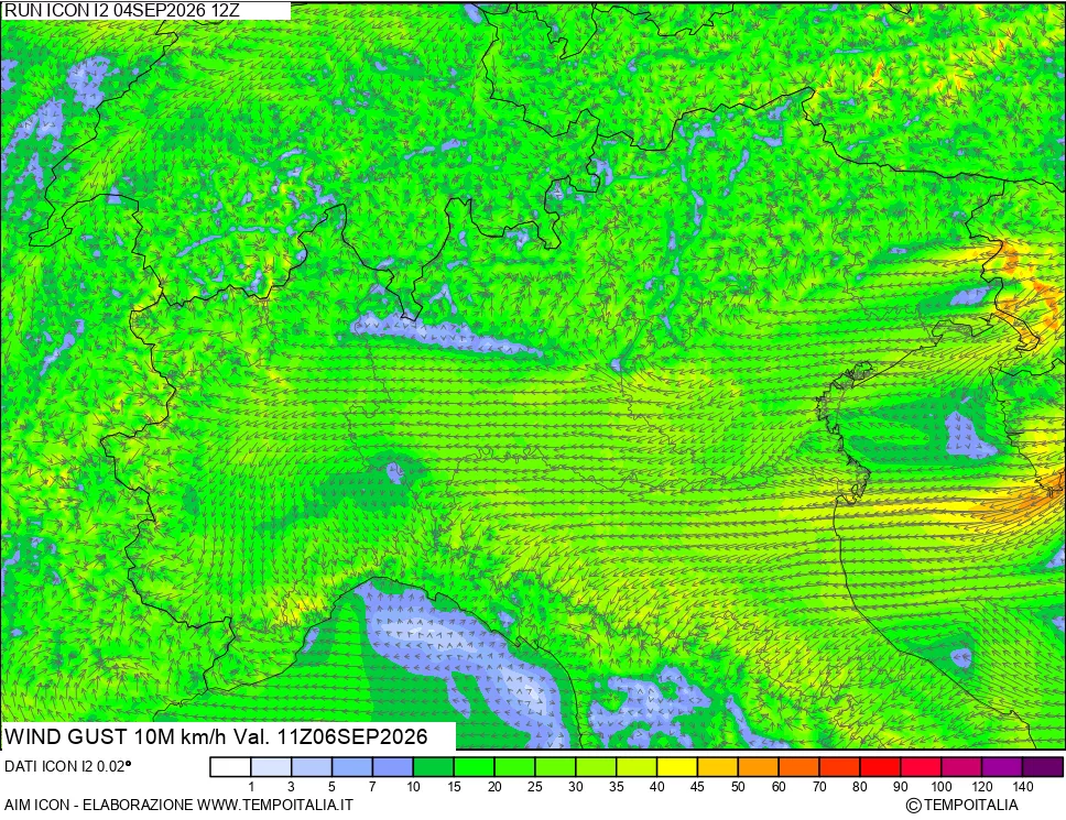 mappa 10 m Vento raffica massima
