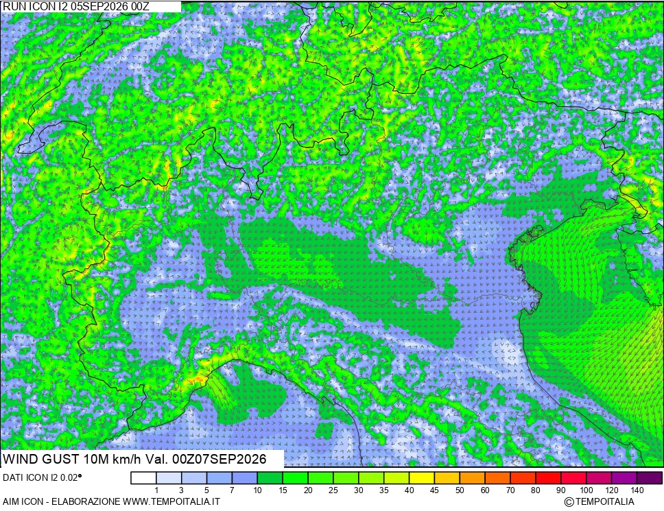 mappa 10 m Vento raffica massima