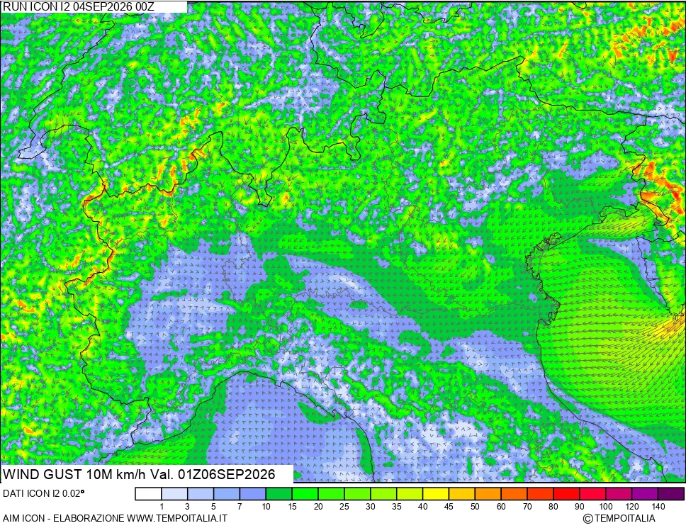 mappa 10 m Vento raffica massima