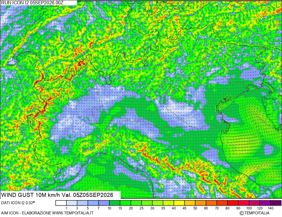 mappa 10 m Vento raffica massima